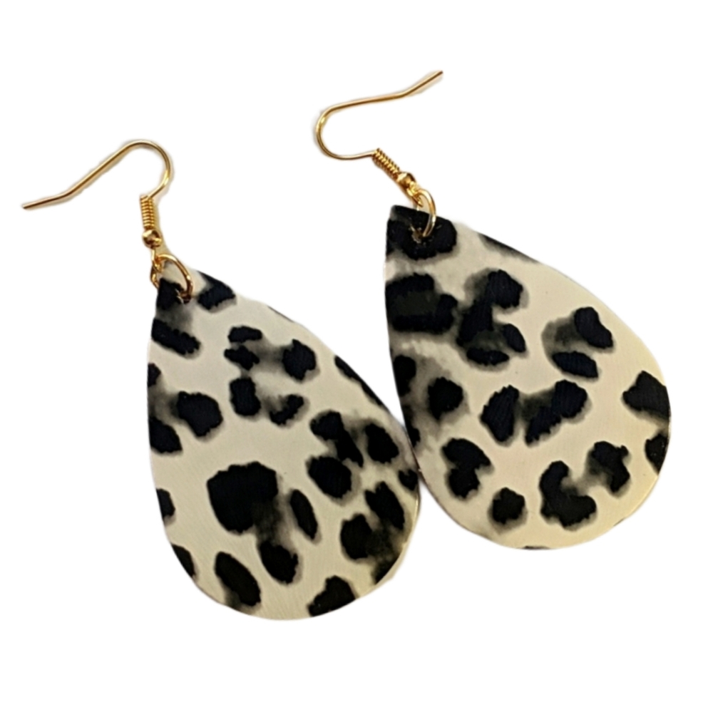 White leopard print teardrop earrings